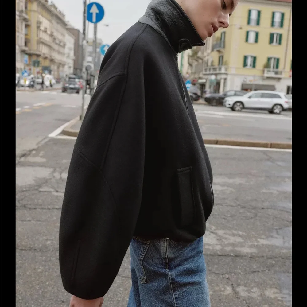 Zara CONTRAST COLLAR WOOL BALLOON BOMBER JACKET - Picture 9 of 12